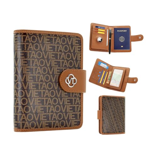Image of Passport Holder for Travel, RFID Blocking Leather Airtag Wallet for Women Men, Large Passport Cover Essentials Gift, Tickets, Cash, Photo, Sim Card Pen Slot - Brown