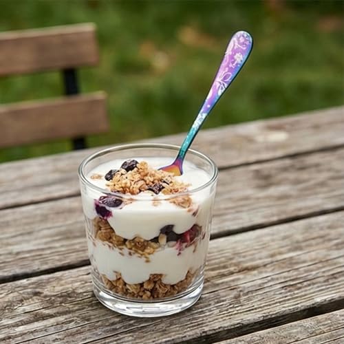 Image of 6.7 inch Rainbow Dessert Spoons with Floral Printed Handle | Set of 5 Durable Stainless Steel Teaspoons | Mirror Polished Silverware for Home, Restaurants, and Gift Giving