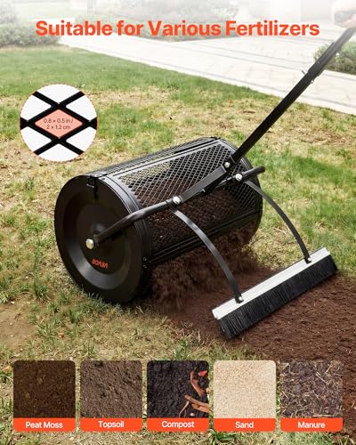 Image of VEVOR Compost Spreader, 24 inch Wide Peat Moss Spreader with Push /Tow Handle & Brush, 4 Heights Adjustable, Powder-Coated Steel Garden Peat Moss Roller, Heavy Duty Grass Seed Roller for Planting Seeding