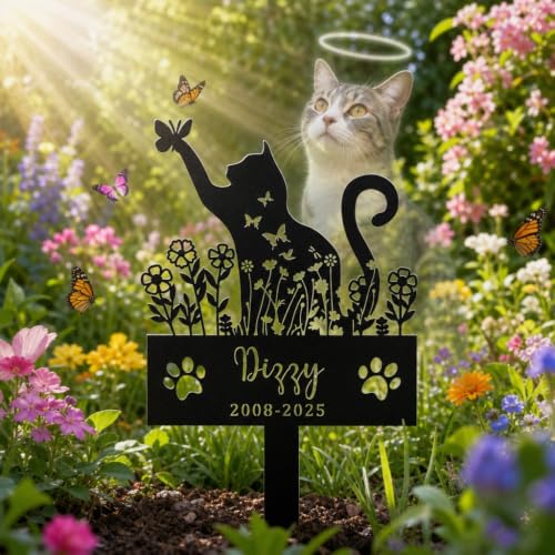 Pet Memorial Gifts for Cats, Personalized Cat Memorial Stone with Name, Cat Grave Marker for Outdoor Garden, Waterproof Pet Grave Markers Cat Loss Sympathy Gift