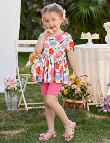 Image of Arshiner Girls Summer Outfits Short Sleeve Ruffle Hem Top and Biker Shorts Set Girl Clothes 4-15 Years