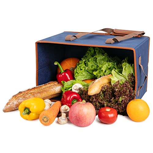Liviable Reusable Grocery Shopping Bags, Foldable, Heavy Duty Tote, Box Bags With Long Handles And Solid Bottom, Large - Set Of 3, Navy Blue #TOP5