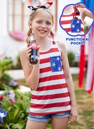 Image of 4th of July Girls Flag Tank Top Back Bow Sleeveless Patriotic Holidays T-Shirt 4-14 Years