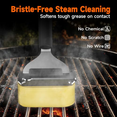 Image of Bristle-Free Grill Brush with Heat-Resistant Kevlar Fiber Head, Black | Steam Cleaning, Replaceable No-Wire Head, 17 inch Handle, 4-in-1 Scraper, for Porcelain /Ceramic /Stainless Steel /Cast Iron Grate
