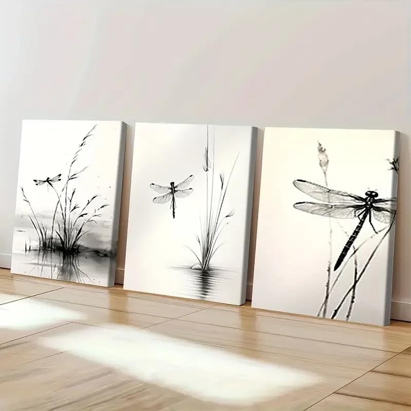 MAIMANG 3 szt. Dragonfly Wall Art Large Inches Inspired Triptych Painting with Black Wall Decoration (50x70cmx3/internal frame)