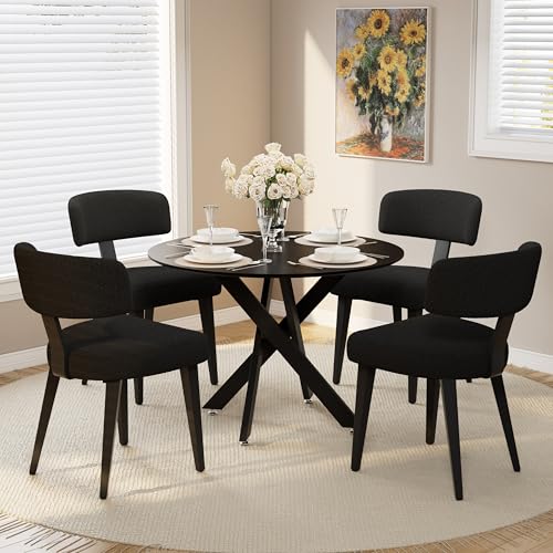 Image of Wood Dining Table Set for 4, 36 inch Round Kitchen Table with 4 Boucle Dining Chairs, MDF Tabletop with Metal Legs, Ergonomic Dining Chair with Metal Legs(Black Table)