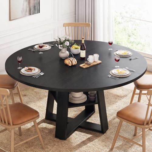 DUMOS Extendable Round Dining Table for 4-6, Modern Kitchen Oval Dinner Table with Storage Shelf, Wood Pedestal Base, Space Saving Modern Style, Black