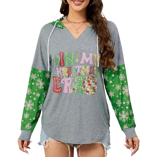 Quatrefox In My Christmas Era Shirt Hoodie Womens Christmas Sweatshirt Hoodies Lightweight V Neck Long Sleeve Snowflakes Funny Pattern Patchwork Tops Pullover Green L
