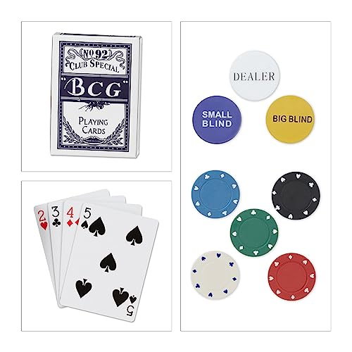 Relaxdays Pokerset, 200 Chips, Spielmatte, 2 Kartendecks, Dealerbutton, Blindbuttons, Casino-Feeling, Profi Pokerspiel, 9 x 24 x 15 cm