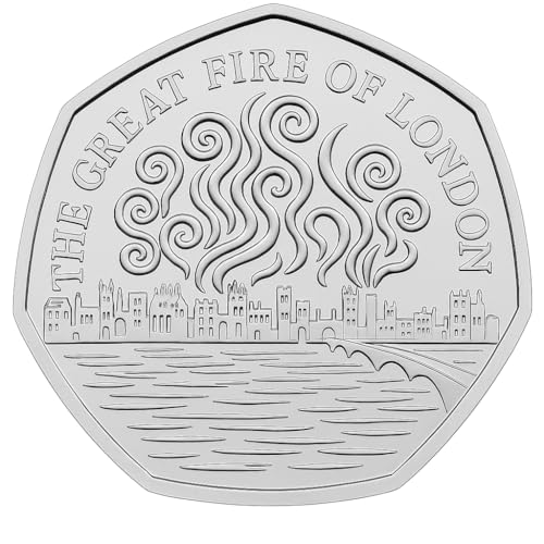 Dragonfire Dice Great Fire of London 1666 Commemorative 50p Coin Historic London Skyline & Flame Design Proof Finish Collectors Edition in Capsule (Silver)
