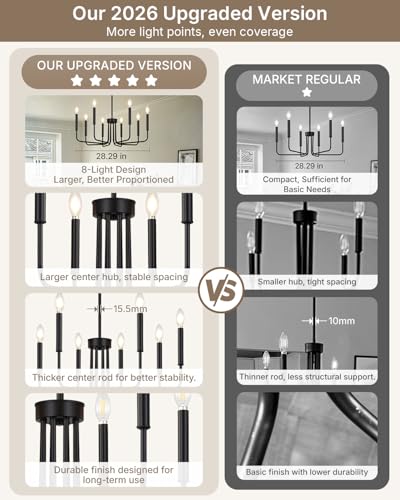 Yunnix 8 Light Black Chandelier for Dining Room Light Fixture, Modern Farmhouse Chandelier Candle for Bedroom, Entryway, Foyer, Staircase, Kitchen and Living Room - Thumbnail 5