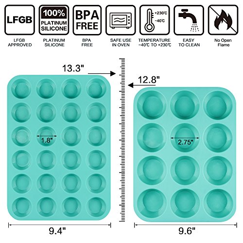 Image of Silicone Muffin Cupcake Pan Set - Mini 24 Cups and Regular 12 Cups Muffin Tin, Nonstick BPA Free Best Food Grade Silicone Molds with Bonus 12 Silicone Baking Cups