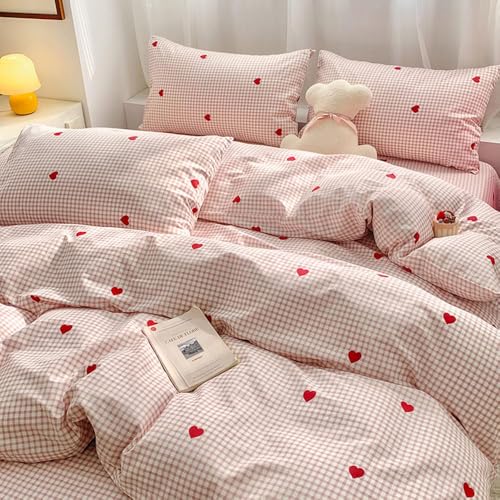 Image of Nayoroom Gingham Duvet Cover King Size Pink Plaid Red Heart Printed on White Bedding Set 3 Pcs Kids Girls Cute Heart-Shaped Comforter Cover with Zipper Closure Soft Breathable Microfiber