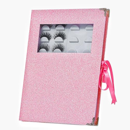 False Eyelash Storage Book Protable 16 Pari Eyelashes Organizer Holder Case Lash Contanier Box Glitter Cover Lash Container Empty Case with Eyelash Tweezer Pink