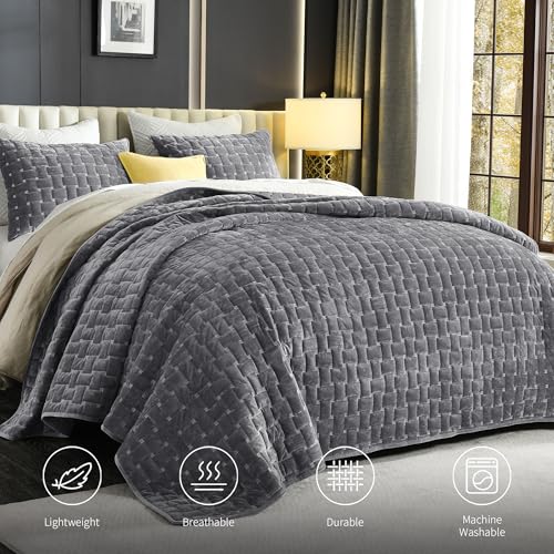 Image of Grassix Velvet Quilt Set King Size, Luxury Geometric Design, Dark Grey | Lightweight Velvet Comforter with 2 Pillow Shams, Soft Bedspread Coverlet, Quilted Bedding Set for All Seasons, 108 inchx96 inch