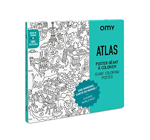 OMY - Giant Poster to Colour Atlas - 100 cm x 70 cm - Framed - Huge Original and Fun World Map - Extra-White Paper Superior Quality 120 g/m² - Designed and Made in France