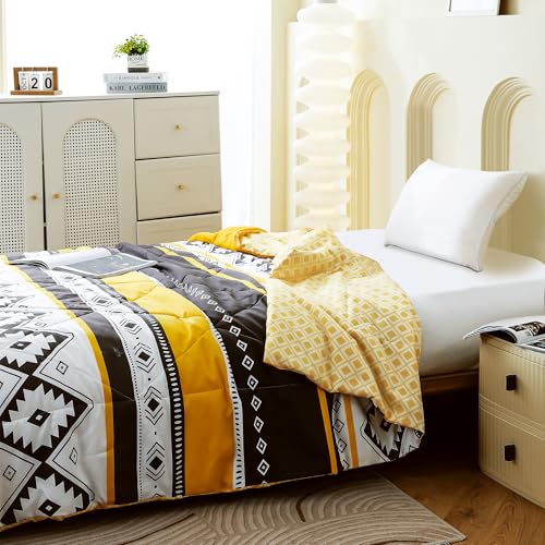 Image of Ac Comforter Single Bed Boho with Satin Finish 240 GSM - Reversible AC Comforter -Black & Yellow, Aztec Comforter Quilt Duvet Dohar Blanket for Mild Summer 150 X 225 cm