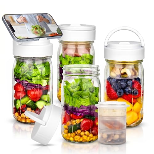 32oz Glass Salad Jars 4 pc Meal Prep Containers with Handle 3 Divider Cups