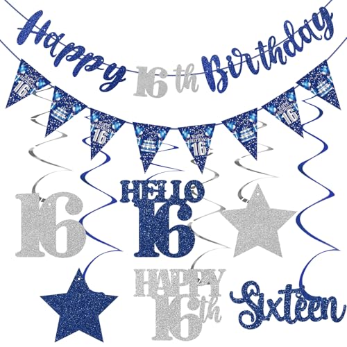 Blue Silver 16th Birthday Decorations for Boys Girls Happy 16th Birthday Banner Stars Sixteen Hanging Swirls Hello 16 Bday Decor Party Supplies Sign