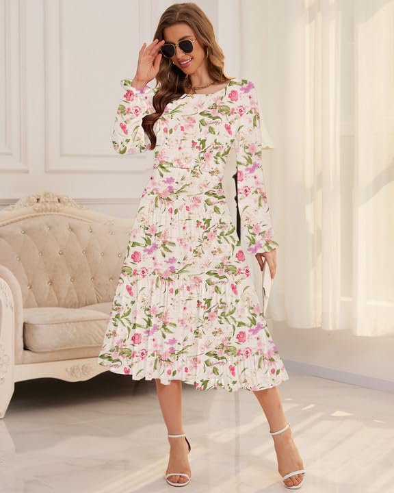 Image of CYiNu Women's Midi Dresses Long Sleeve Crew Neck Flowy Casual Floral Boho Tiered Chiffon Smocked Elegant Dress