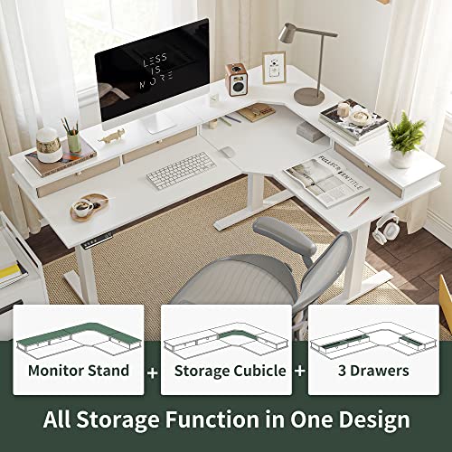 Image of FEZIBO Triple Motor 63 inch L Shaped Standing Desk with 3 Drawers, Electric Standing Gaming Desk Adjustable Height, Corner Stand up Desk with Splice Board, White Frame /White Top