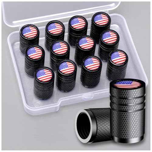 Muzioiernsu American Flag Tire Valve Stem Caps, Aluminum USA Caps Black, Universal Dust Proof Covers for Cars, Trucks, Bikes, Motorcycles, Bicycles, Corrosion Resistant， Coloured National Flag 12PCS