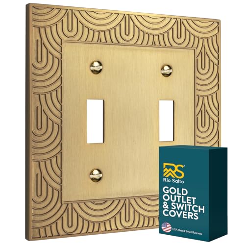 Rio Salto Toggle Light Switch Cover Plate Double Toggle Flip Switch Outlet Covers Wall Plates 2 Light Switch Cover Plate Brushed Brass Gold Heavy Gauge Metal — Gatsby Collection, Midsize 5.00" X 5.00"
