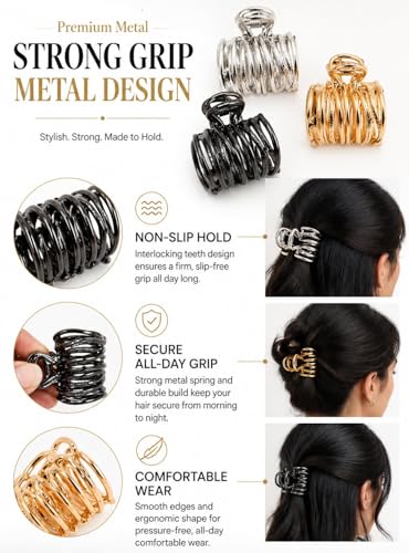 Image of Radhu & Kabby Metal Hair Claw Clips for Women, Set of 3 Premium Hair Clutchers in Gold Silver Black, Strong Hold Jaw Clips for Thick & Thin, Stylish Hair Accessories for Everyday & Special Occasions
