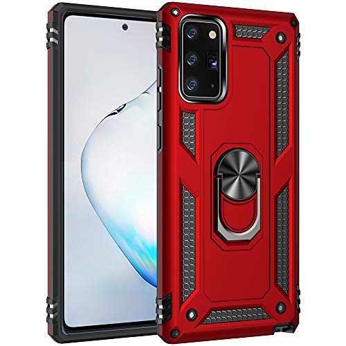 Dionsibei Military Grade Drop Impact Case for Samsung Galaxy Note 20 5G Phone, 360 Metal Rotating Ring Kickstand Holder, Armor Heavy Duty Shockproof, Red