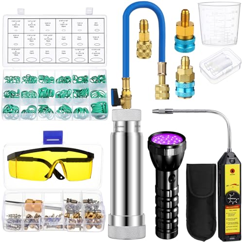 Tellegloww Ac Leak Detector Kit R134a R1234yf R410a Automotive Ac UV Dye Kit Refrigerant Leak Detector with Oil Injector Low Side Quick Coupler Mini Split Adapter Flashlight Glasses