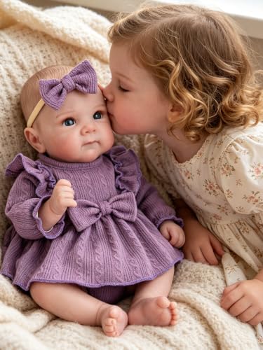 Image of EKOKIZ Lifelike Reborn Baby Doll 20 Inch, Realistic Newborn Girl with Purple Dress & Soft Vinyl Limbs, Handmade Companion for Anxiety Relief, Dementia Therapy & Emotional Support