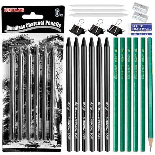 Omnikryp 21 Piezas Set de Dibujo en Carboncillo, Set de Lapices de Dibujo Artístico Profesional para Dibujar, Bosquejar, Sombrear, Mezclar, Kit Pintura para Niños, Adultos, Artistas y Principiantes