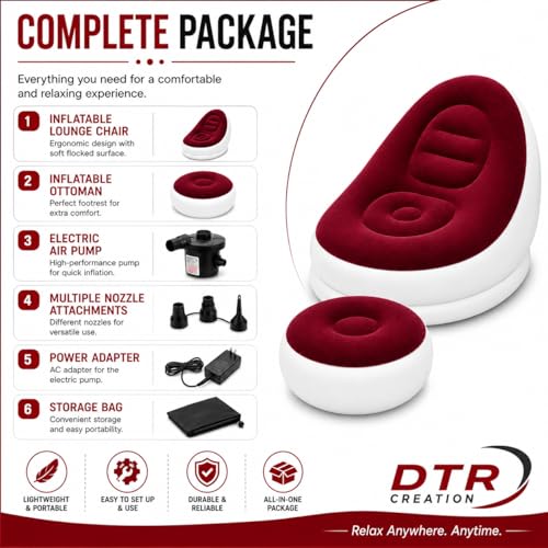 Image of Inflatable Lounge Chair for Adults with Ottoman, Foldable Air Sofa Couch, Portable Blow Up Chair for Living Room Bedroom, Comfortable Indoor Seating, 150 kg Capacity (Maroon)