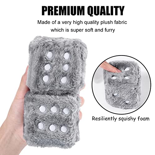 Image of 2.95'' Retro Fuzzy Plush Dice Car Charm Square Plush Dice Car Rear View Mirror Hanging Ornament Car Mirror Hanging Accessories, Gray