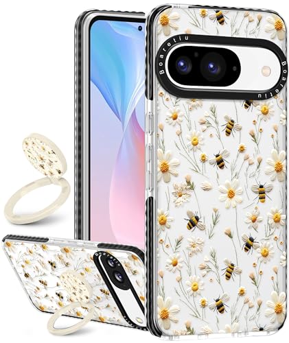 Boaretiu Cute Kawaii Case for Google Pixel 9/9Pro Phone Case with Kickstand - Fashion 360° Sticky Rotate Ring Holder Design for Women Girls Girly for Google Pixel 9/9Pro Case, Flower Honey
