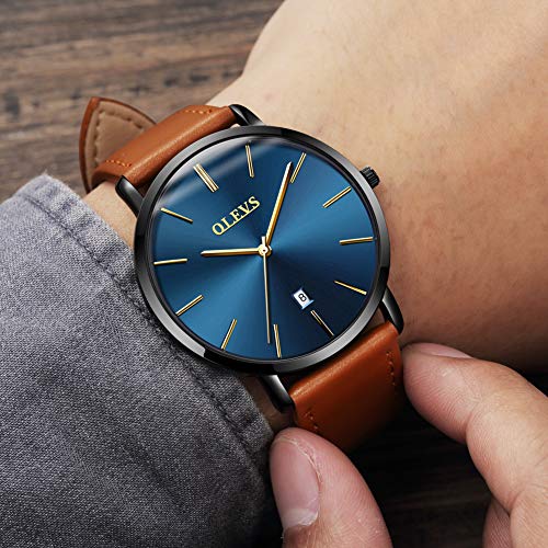 Image of OLEVS Men Leather Watches Black Ultra Thin 6.5mm Minimalist Dress Fashion Simple Casual Waterproof Date Watch for Men