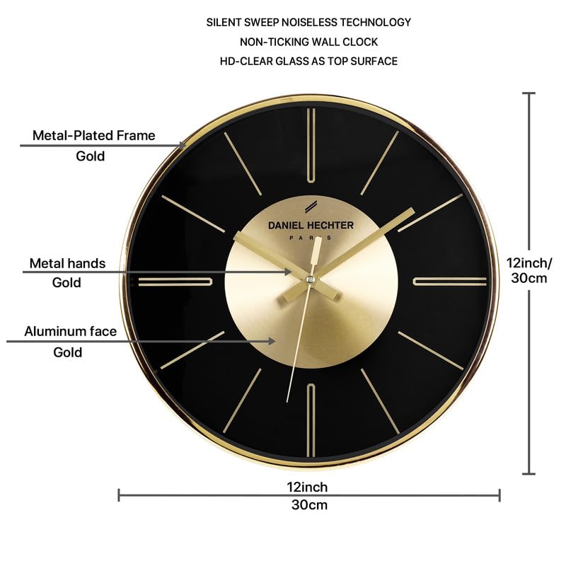 Image of Daniel Hechter Paris Seine Collection Wall Clock, Silent Sweep Non-Ticking,12 inch(30cm) HD Glass Black Dial, Gold Aluminum Face & Metal Frame, Modern Decorative Clock for Home & Office - DHCL1004