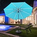 GDY 10 ft Solar Patio Umbrella with Base, 8 Ribs 8 LED Strip Lights and Push Button Tilt & Crank Outdoor Table Umbrella (Blue)