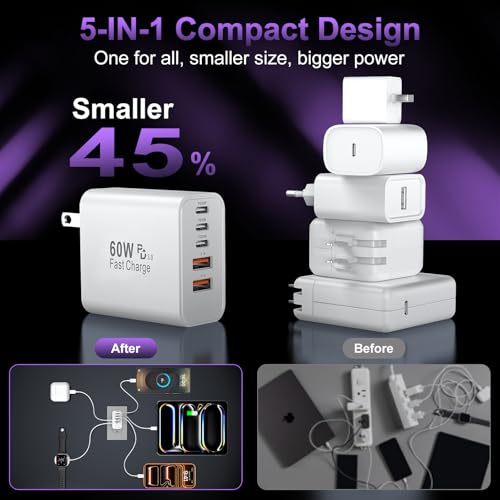 Image of USB C Fast Wall Charger Block, 3Pack 60W USBC Charging Cubes, 5-Port PD+QC Power Adapter Multiport Brick Type C Box Plug for Phone 17 /16 /15 /14 /13 /12 /11 /Pro Max /Plus, Pad Mini /Pro /S25 /S24-White