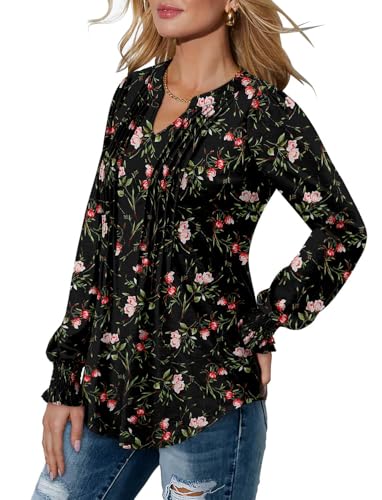 BETTE BOUTIK Long Sleeve Shirts for Women Fall Tops Dressy Blouses Pleated V Neck Tunic Tops for Leggings S-3XL