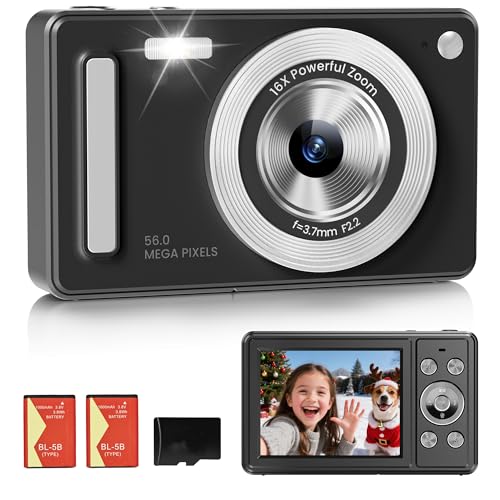 Digital Camera, FHD 1080P Point and Shoot Camera with 32GB SD Card, 2 Batteries, 16X Zoom, Anti Shake, Compact Small Design for Kids Teens Students Girls Boys (Black)