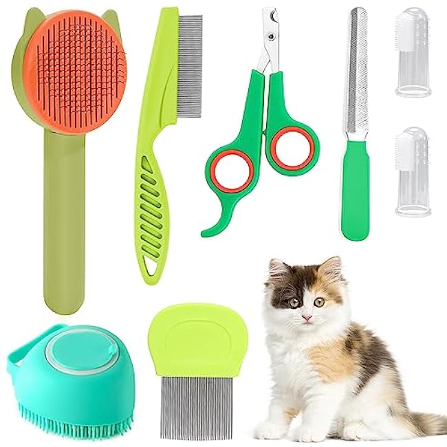 VCZONE 8 Pcs Cat Brush Grooming Kits, Pet Self Cleaning Kit with Pet Nail Clipper and File, Flea Comb, Pet Shampoo Bath Brush, Pet Shedding Brush, Silicone Toothbrush (Green)-AgsOWQJt