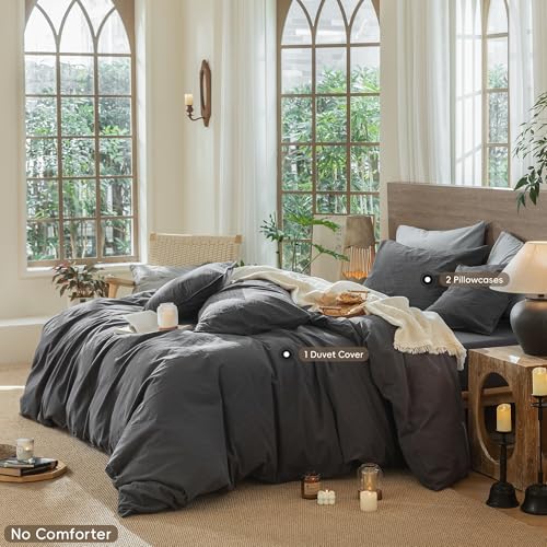 Image of MooMee Wavy Striped Duvet Cover Set 100% Washed Cotton Linen Like Textured Breathable Durable Soft Comfy (Charocal Grey, Full 80 inchx90 inch)