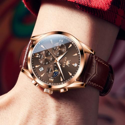 Image of OLEVS Men's Leather Analog Quartz Watch - Luxury Chronograph Wristwatch with Date, Waterproof, Luminous - Dress Style