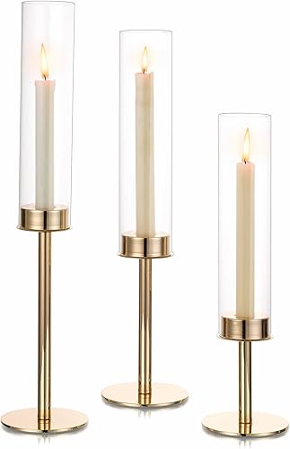 Hewory Portavelas dorados para huracán, 3 unidades, candelabros, portavelas cónicos con cubierta de vela de cristal, para mesa de boda, centro de
