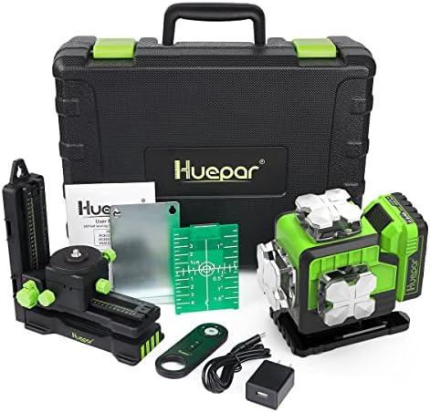 Huepar 4D Laser Level Self Leveling 4x360° Green Beam Bluetooth Connectivity Laser Tool - 360 Horizontal & Vertical Laser Lines, Remote Control, Li-ion Battery, Hard Case, Magnetic Bracket Included