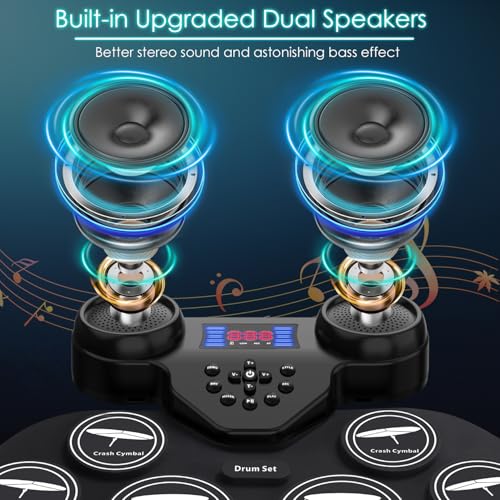 Image of Electronic Drum Set Potable Drum Set Volume Control Electric Drum Set MIDI Drum Pad with 2 Built-in Stereo Speakers Foot Pedals, Sticks Christmas& Birthday Gift Can Record Tracks (Drum Songs Included)