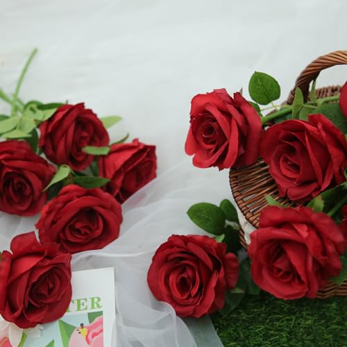 Felice Arts 12 Pack Red Roses Burgundy Artificial Halloween Flowers with Stems Silk Rose Bouquet for Wedding Bridal Bouquet Vase Table Centerpiece DIY Cake Decor