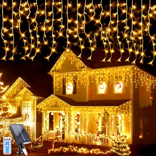 LED Guirlande Lumineuse Exterieure, 5M 128 LEDsGuirlande Lumineuse Exterieure Jardin, 16pcs*8 LEDs Rideaux Lumineux Solaire Décoratifs Étanche pour, Mariage,...