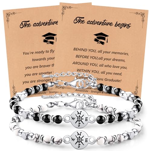 Graduation Gifts 2025 Compass Graduation Bracelets Set for Her Him, Graduation Gift for Middle School High School and College Students 5th 8th Grade Comes with 2 Inspirational Card (Black White)